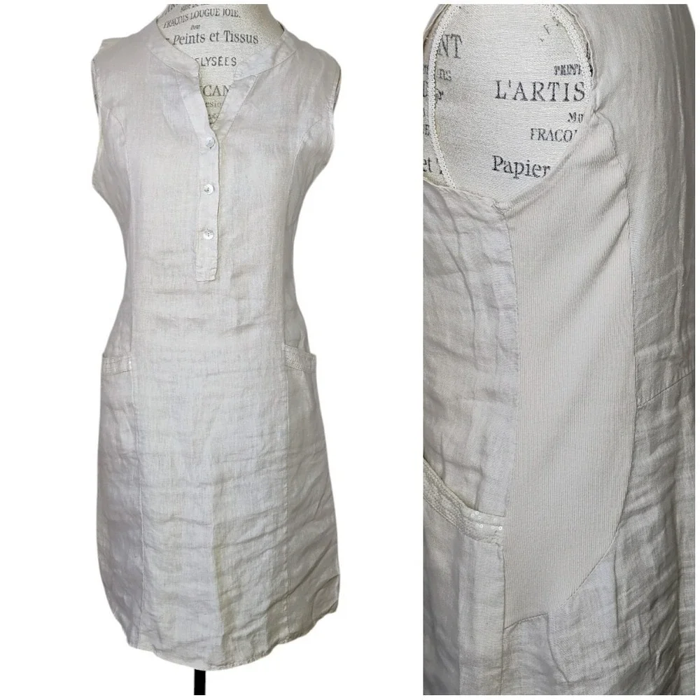 Blu Orchid Italy Linen Dress Beige‎ Womens Small Pockets Minimalist Coastal